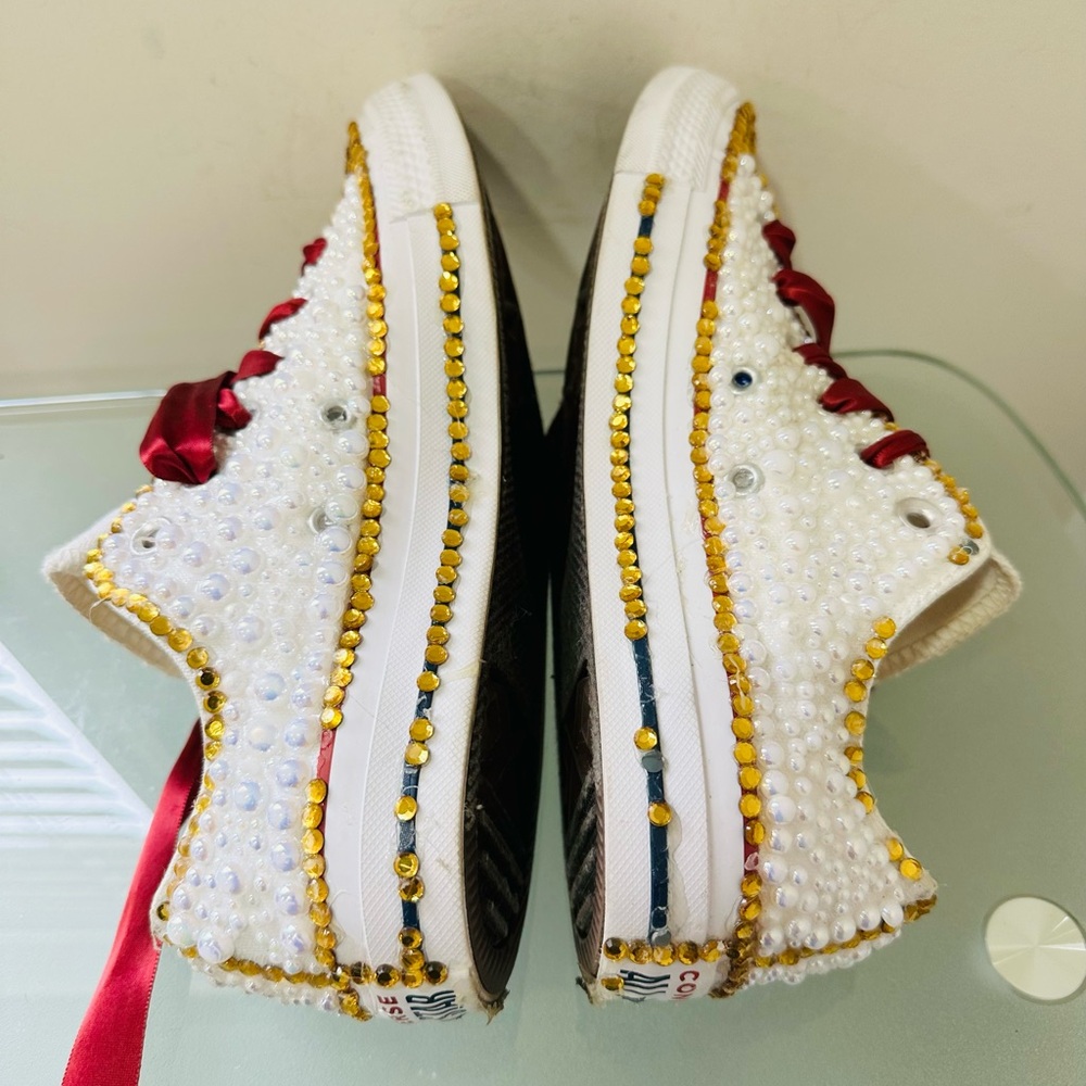 Converse CT All Star Ox Customized‎ Size 8 Pearl Sneakers Ribbon Laces Youth - Picture 6 of 10